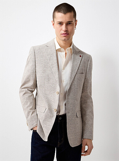 Beige linen-blend micro-pattern jacket