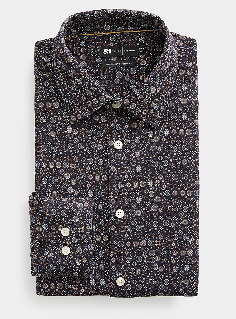 Le 31 Patterned blue Mini-mosaic knit shirt Modern fit for men