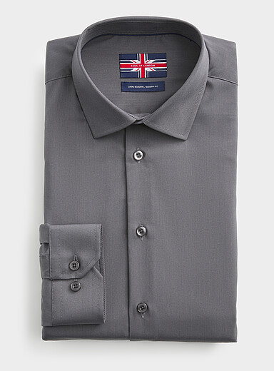 Soul of London Grey Solid stretch twill shirt <b>Modern fit</b> for men