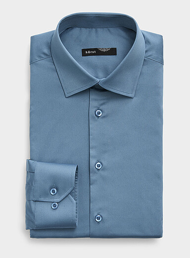 H&ouml;rst: La chemise unie extensible <b>Coupe ajust&eacute;e</b> Bleu moyen - Ardoise pour homme