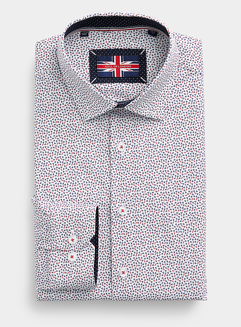 Soul of London: La chemise extensible trèfles colorés Coupe ajustée Blanc à motifs pour homme