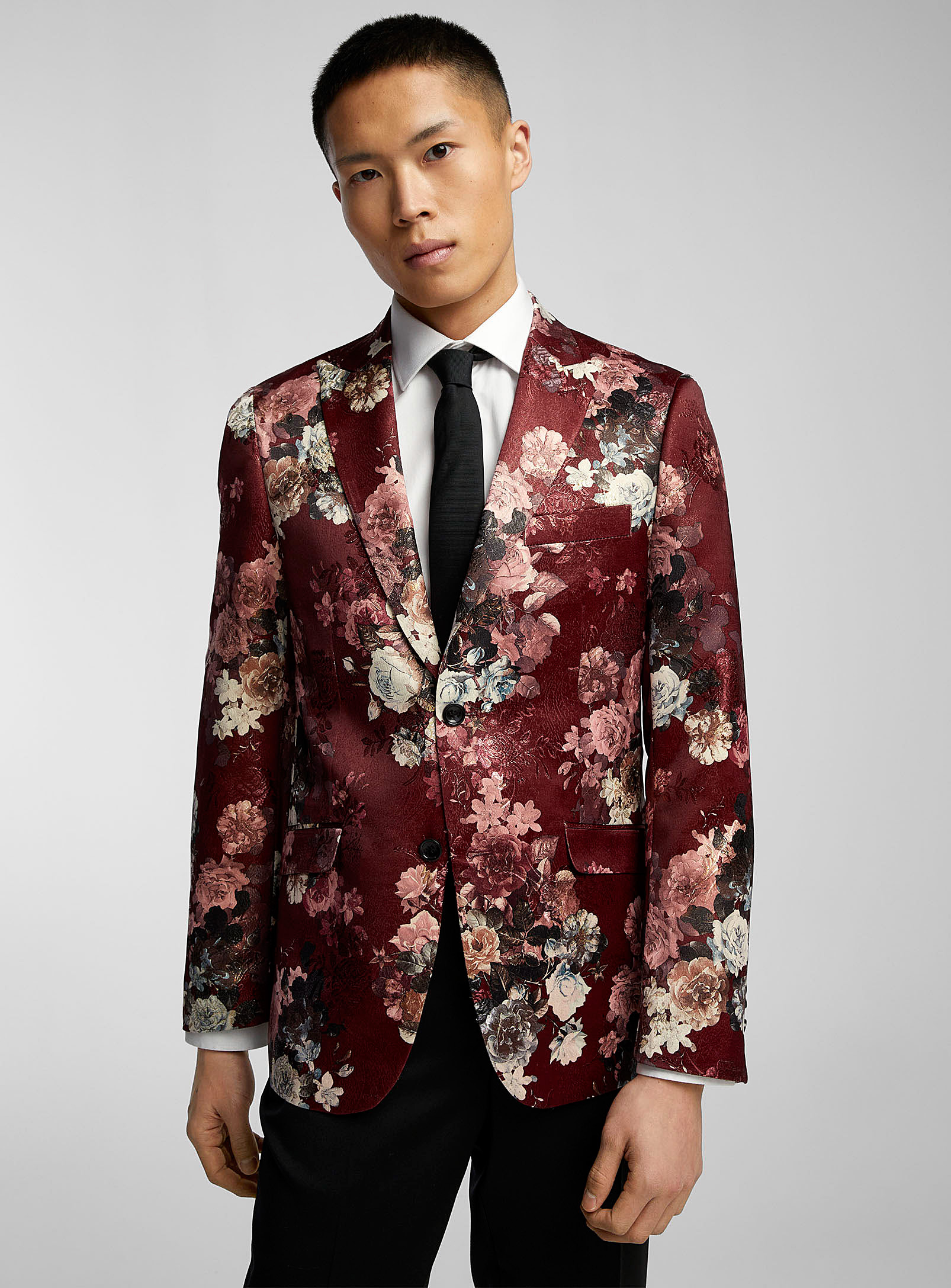 Soul Of London Shiny Floral Jacquard Jacket Slim Fit In Ruby Red