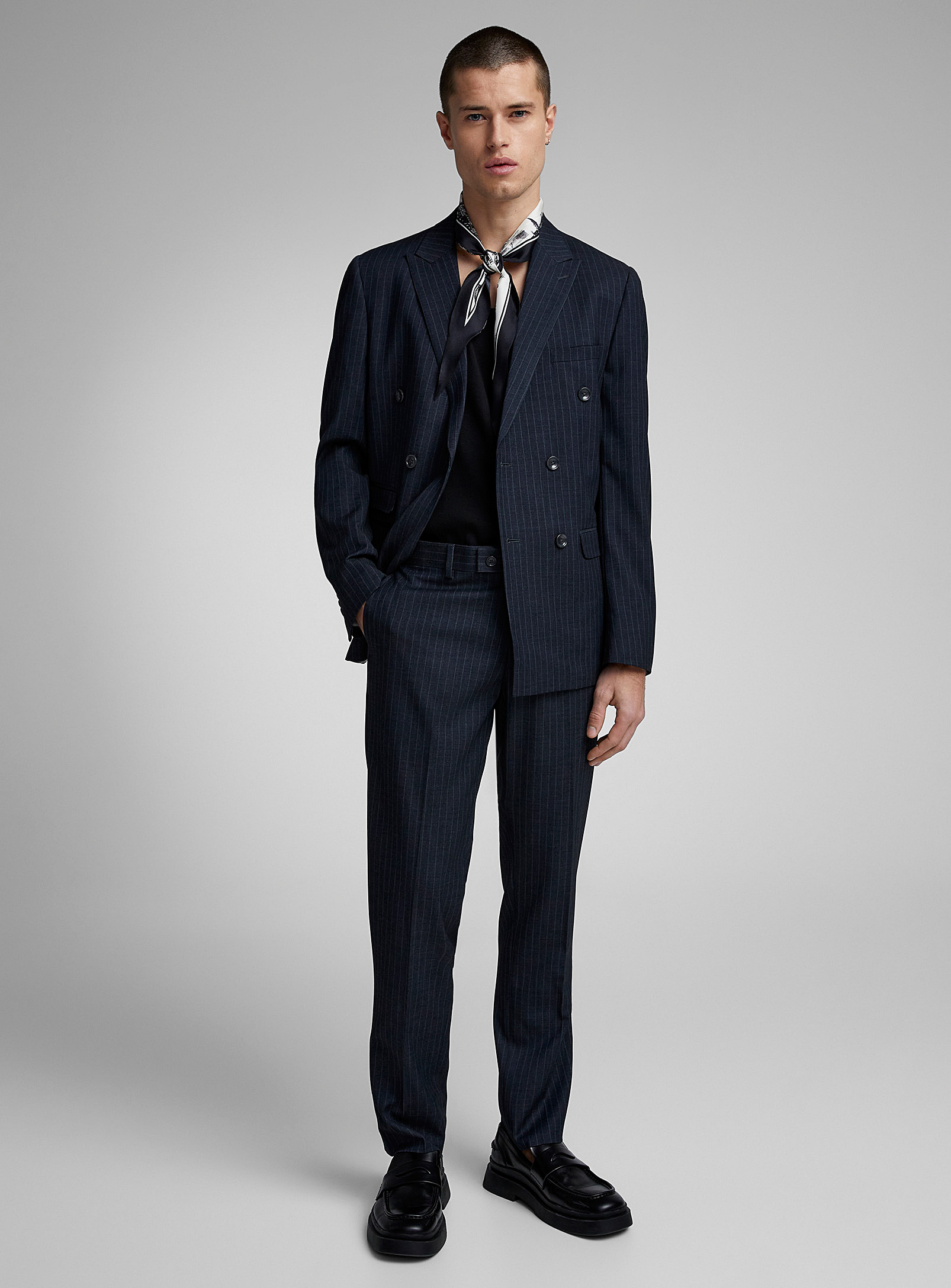 Soul Of London Banker Stripe Double-breasted Suit Semi-slim Fit In Dark Grey