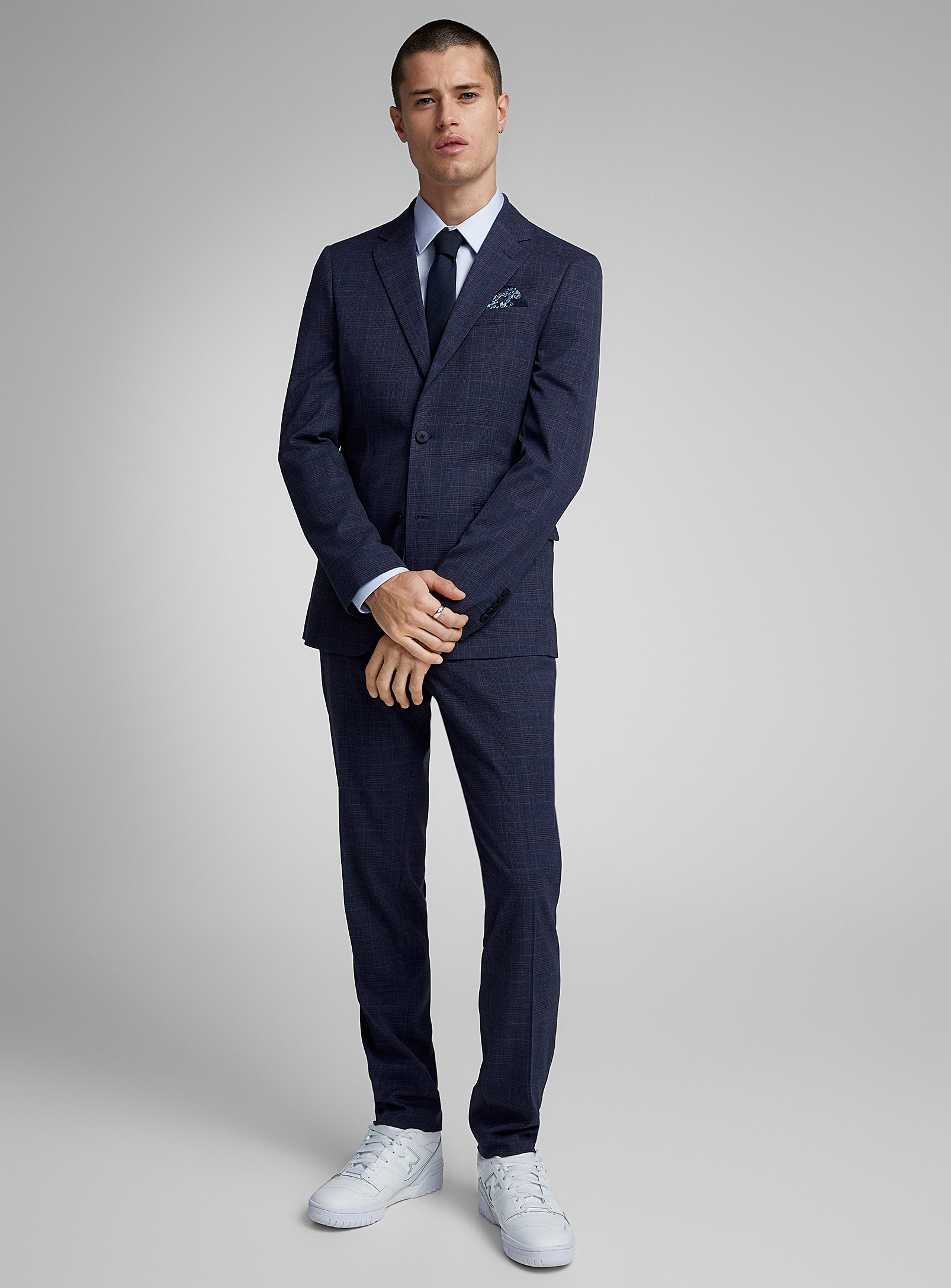 Soul Of London Purple-accent Navy Prince Of Wales Suit Slim Fit In Blue