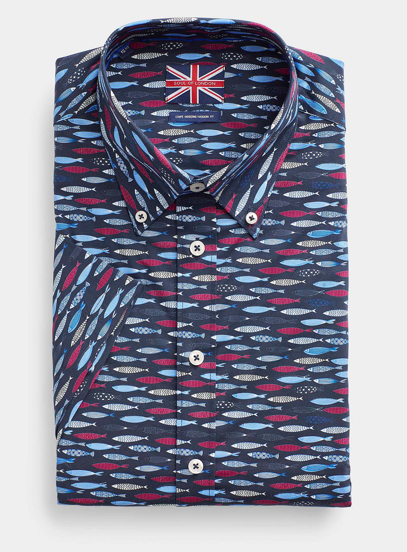 Soul Of London Fun Fish Short-sleeve Shirt Modern Fit In Patterned Blue