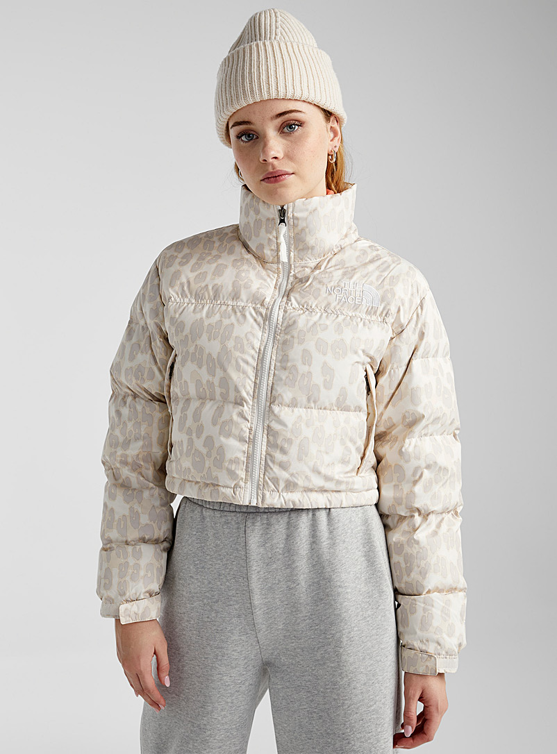 The North Face Patterned White Nuptse leopard cropped puffer jacket for women