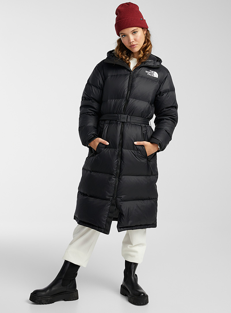 The North Face Black Long belted Nuptse puffer jacket for women
