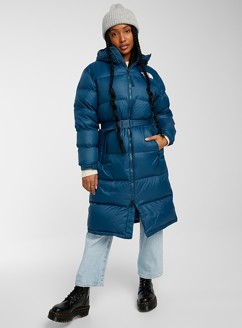 The North Face Slate Blue Long belted Nuptse puffer jacket for women
