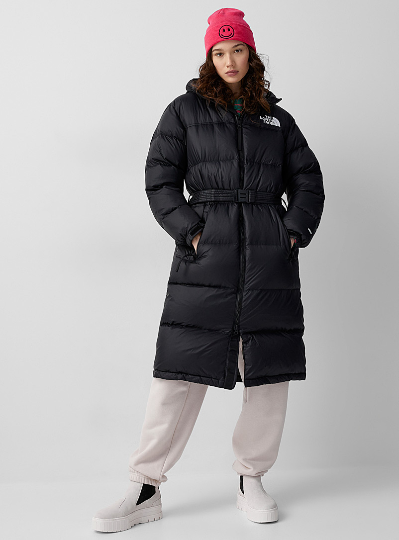 The North Face Black Nuptse long belted quilted jacket for women