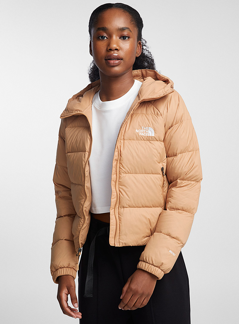 The North Face Light Brown Hydrenalite hooded cropped puffer jacket for women