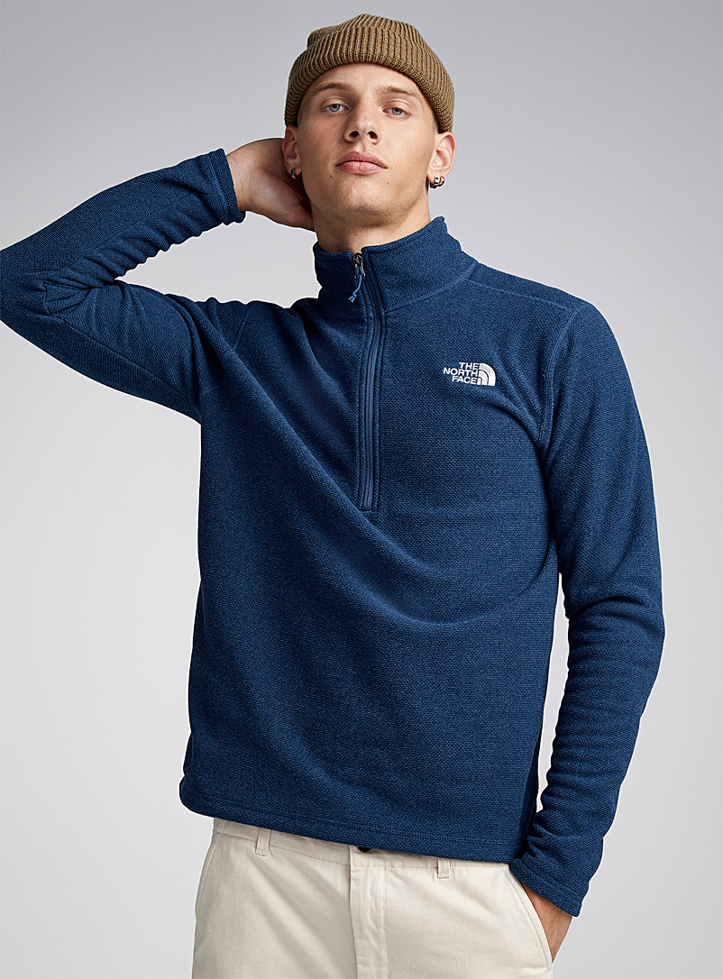 The North Face Blue Heathered knit zip-up mock neck for men