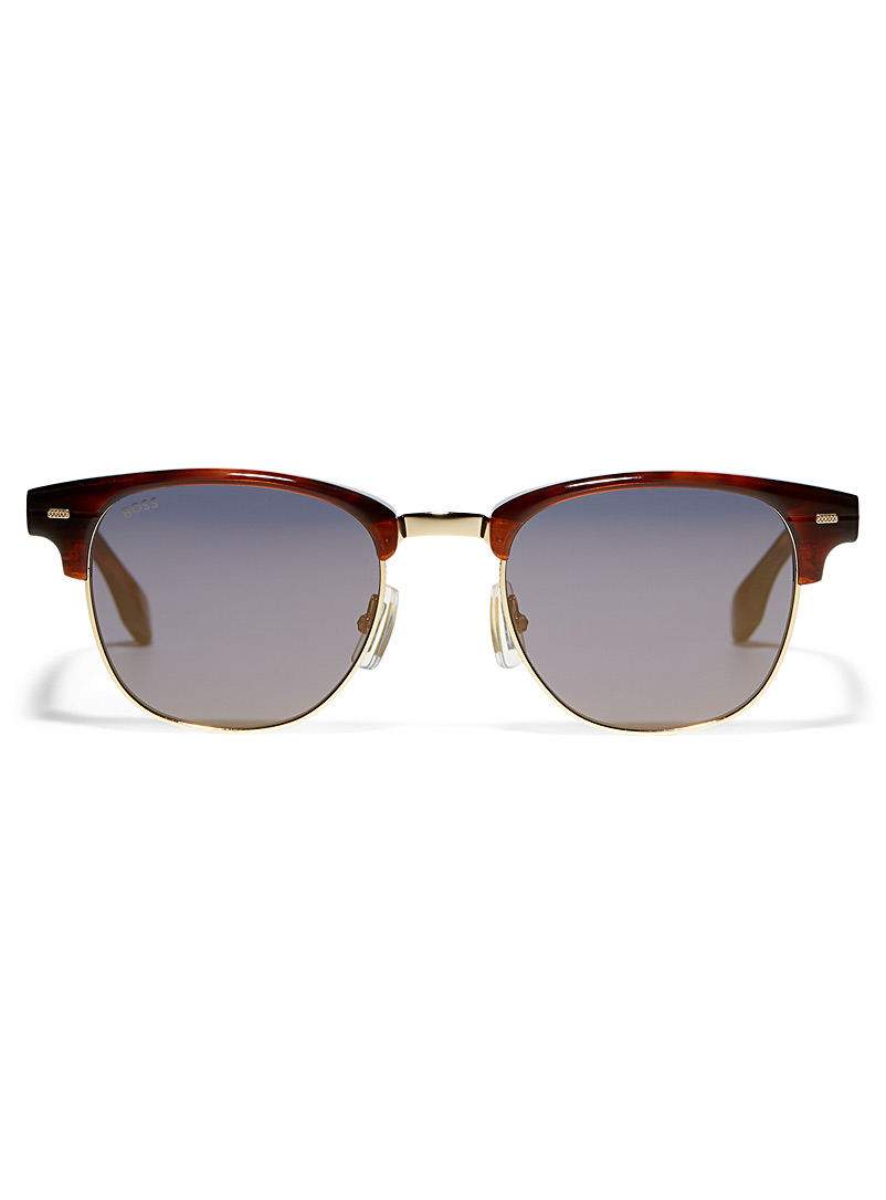 BOSS Patterned Brown Burgundy round sunglasses for men