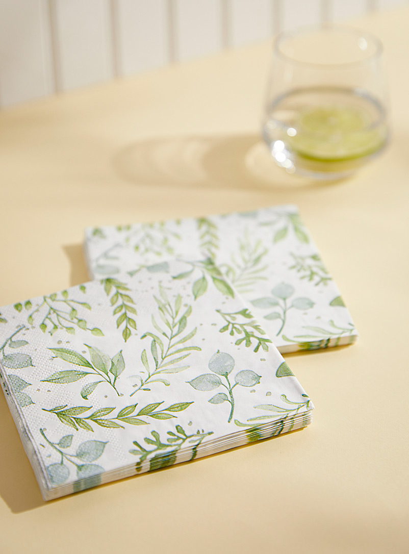Simons Maison Patterned White Green leaves paper napkins 13 x 13 cm. Pack of 20.