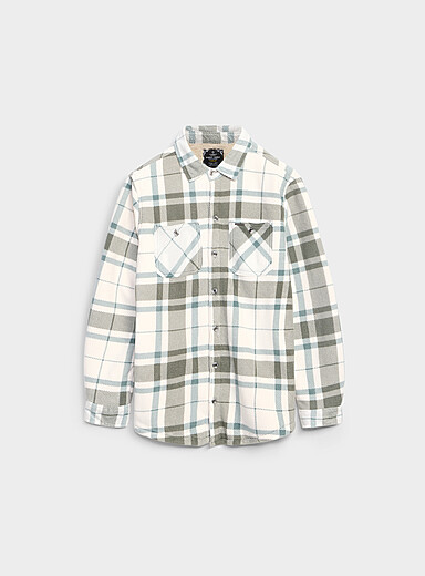 Point Zero Patterned Ivory Plush-lined sage check polar fleece overshirt for men