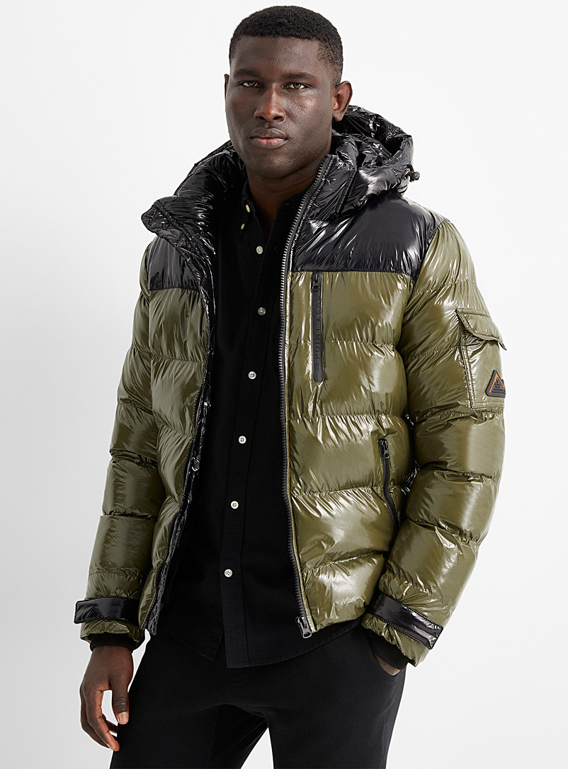 Point Zero Patterned Green Marley colour block shiny puffer jacket for men