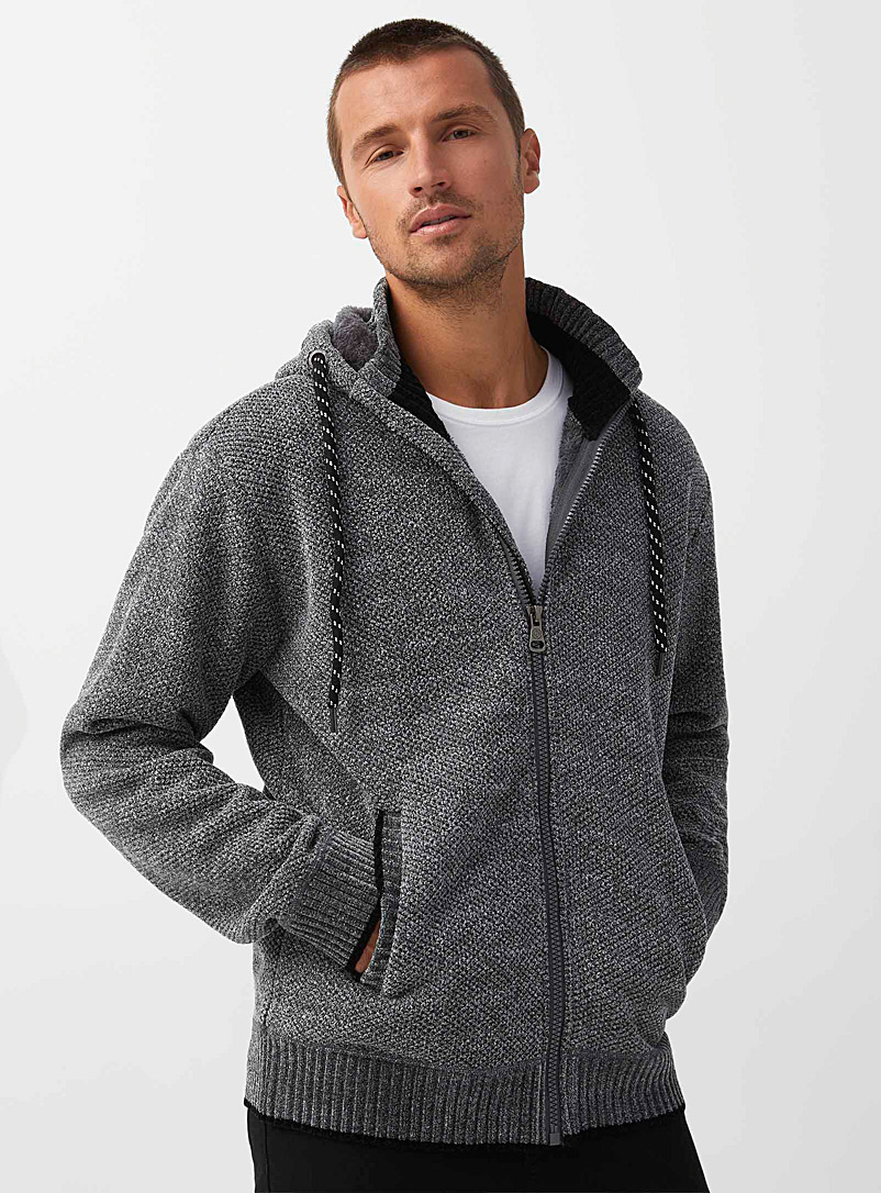 Point Zero Patterned Black Plush-lined chenille knit cardigan for men