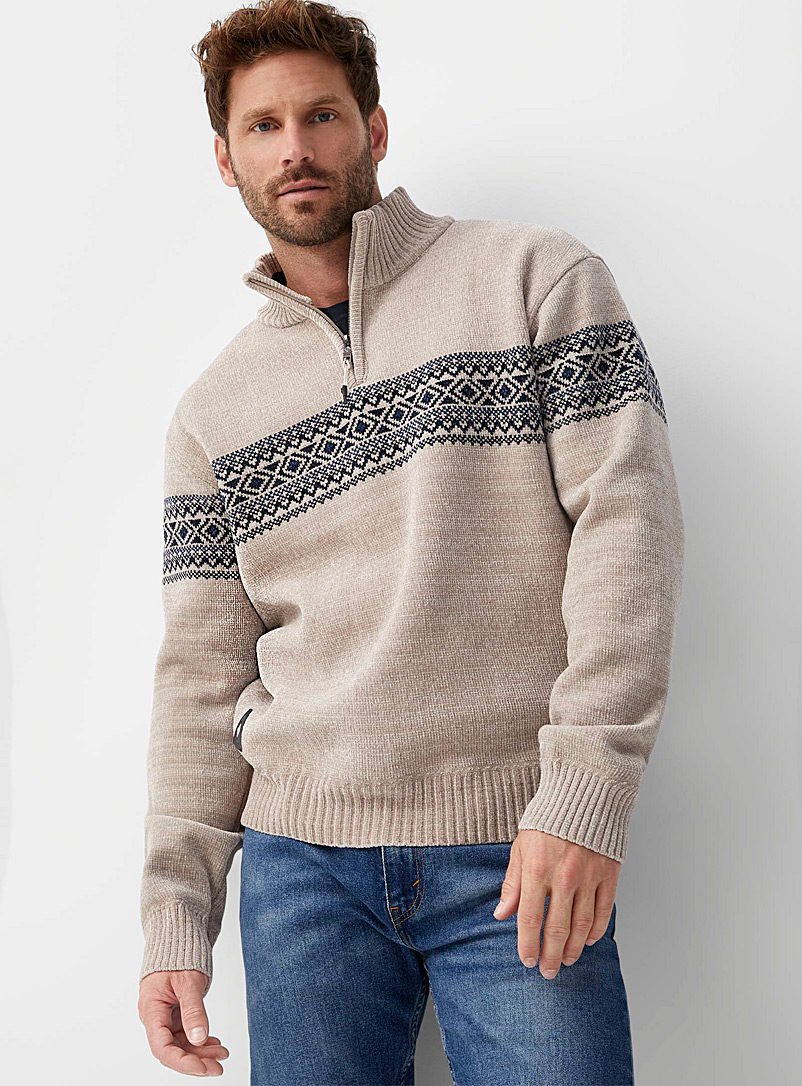 Point Zero Patterned Ecru Fleece-lined jacquard band sweater for men