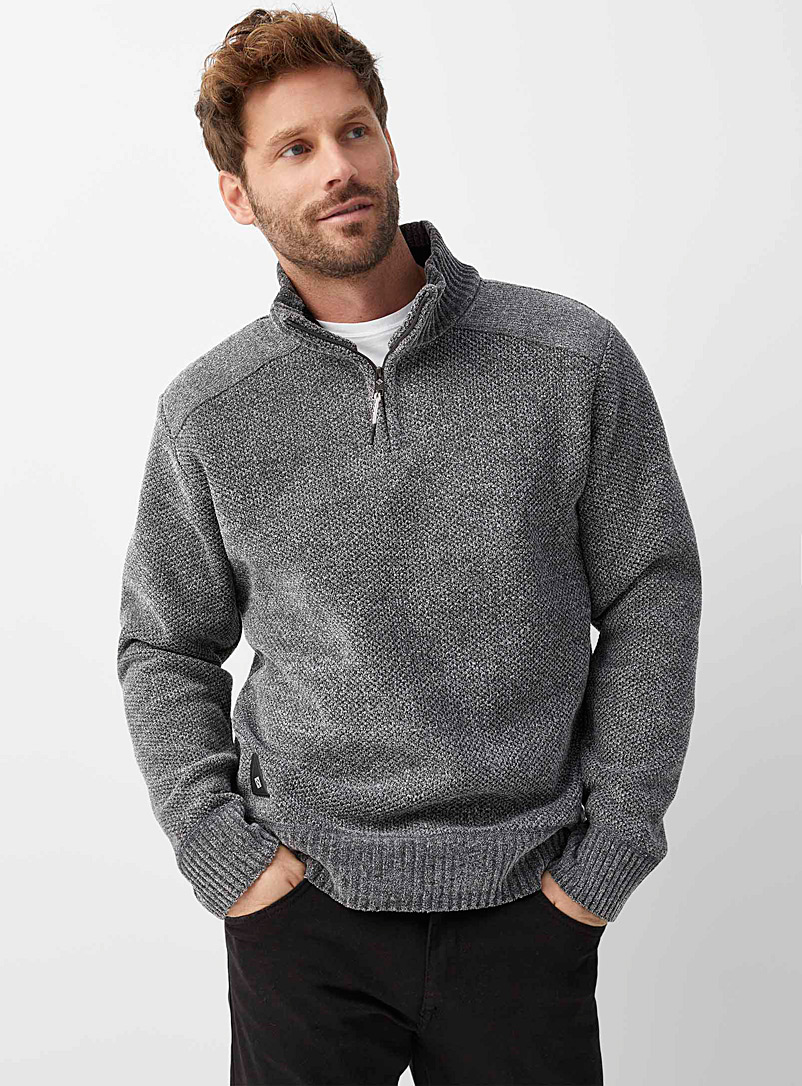 Point Zero Patterned Grey Fleece-lined chenille zip-neck sweater for men