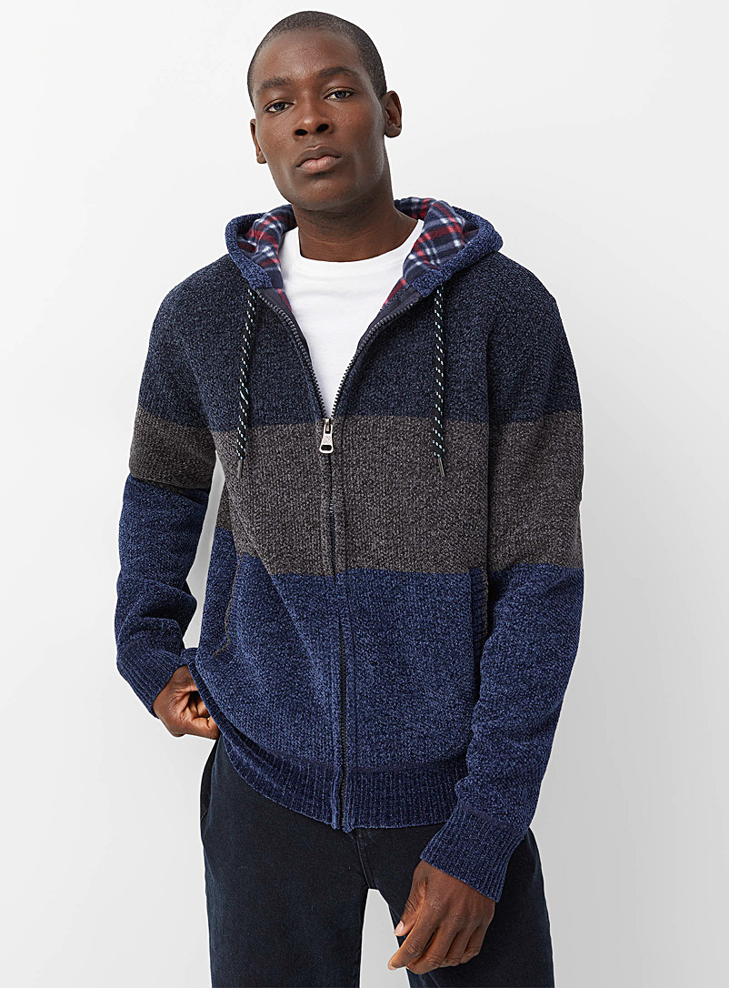 Point Zero Patterned Blue Fleece-lined block-style hooded cardigan for men