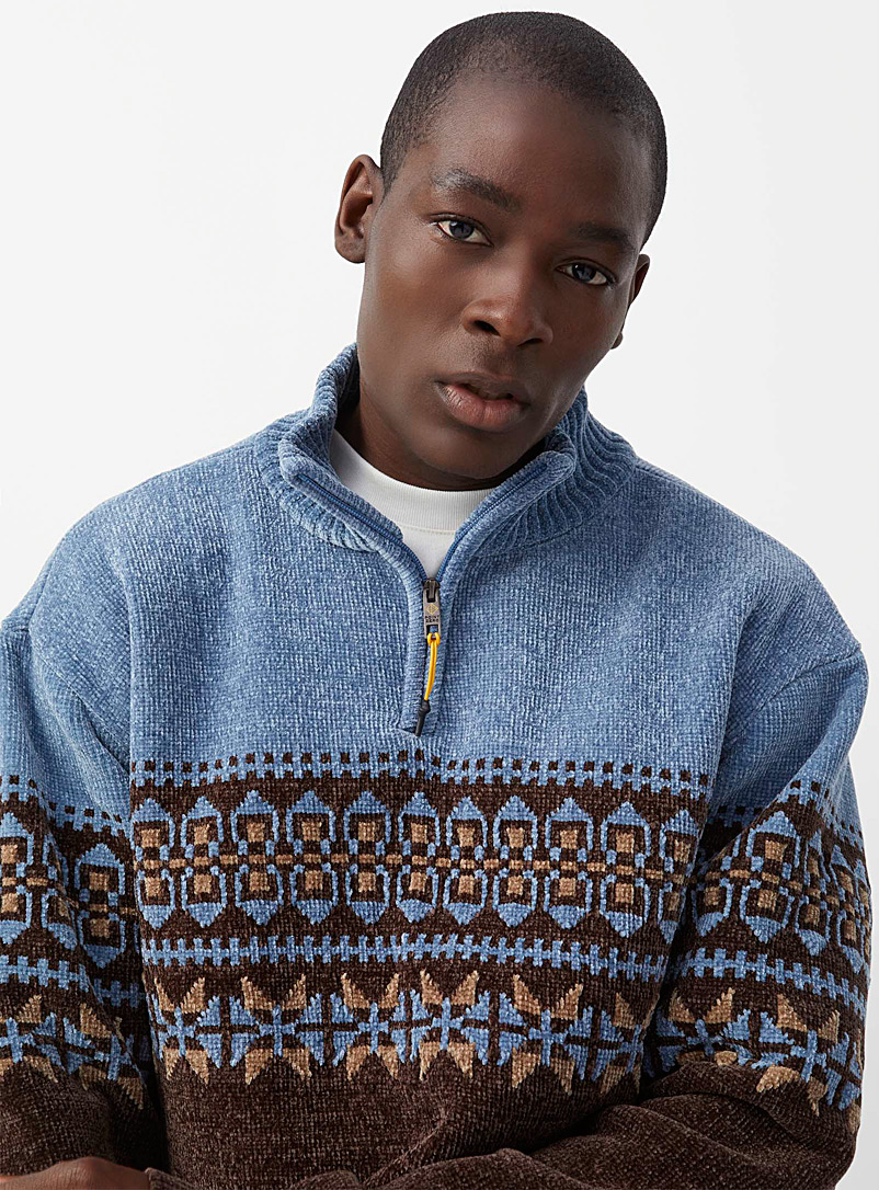 Point Zero Brown Fleece-lined jacquard zip-neck sweater for men
