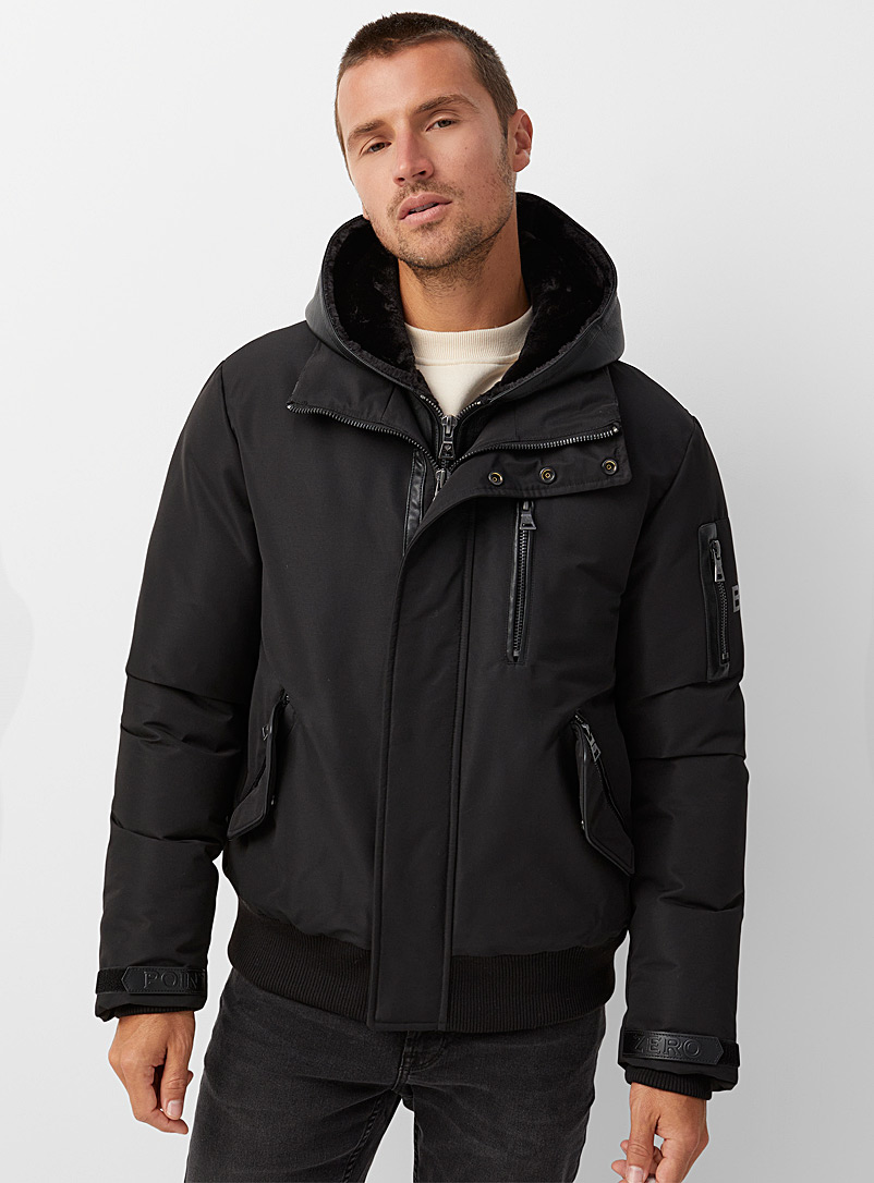 Point Zero Black Faux-leather hooded down bomber jacket for men