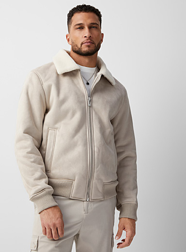 Point Zero Ivory White Sherpa-lined bomber jacket for men