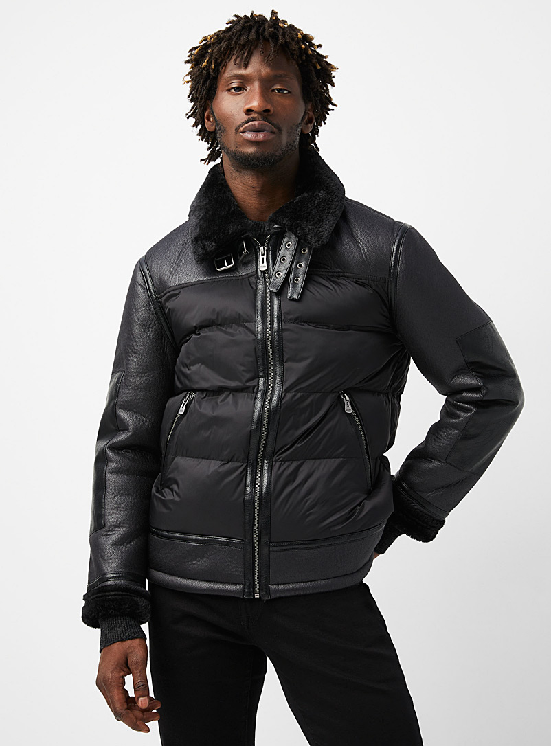 Point Zero Black Sherpa-lined quilted aviator jacket for men
