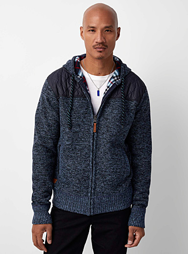 Point Zero Patterned Blue Quilted block zip-up hooded cardigan for men