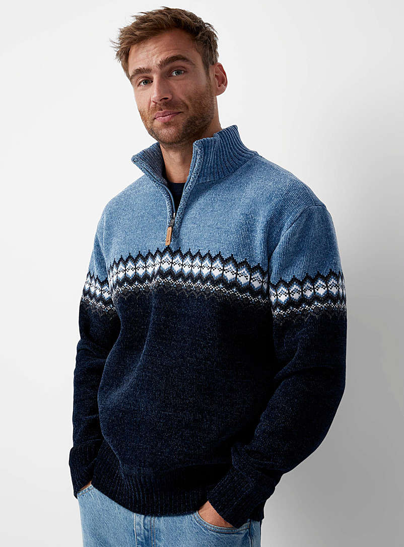 Point Zero: Le chandail tricot chenille jacquard Bleu à motif pour homme