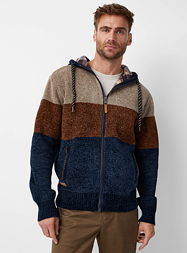 Point Zero Patterned navy  Hooded striped chenille-knit cardigan for men