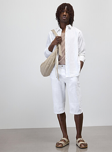 Adjustable-waist cotton and linen Bermudas