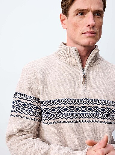 Point Zero: Le chandail tricot chenille bloc jacquard &Eacute;cru &agrave; motifs pour homme