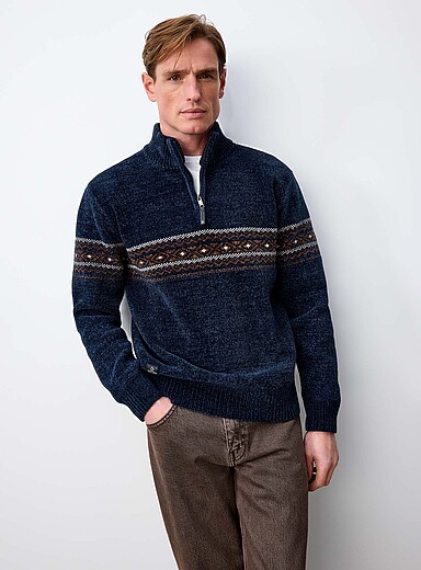 Point Zero Patterned Blue Jacquard block chenille knit sweater for men