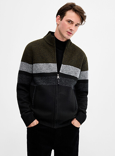 Point Zero: Le cardigan tricot chenille rayures blocs Vert pour homme