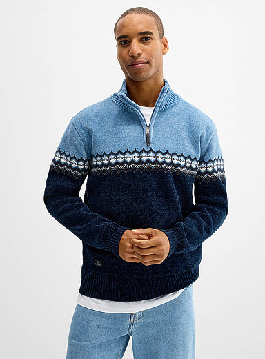 Point Zero: Le chandail Fair Isle tricot chenille Bleu &agrave; motifs pour homme