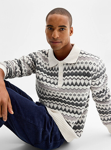 Point Zero: Le polo chenille Fair Isle jacquard <b>Coupe semi-ajust&eacute;e</b> Blanc &agrave; motifs pour homme