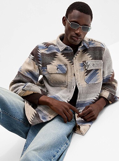 Point Zero: La surchemise bross&eacute;e motifs de l'Ouest Beige &agrave; motifs pour homme