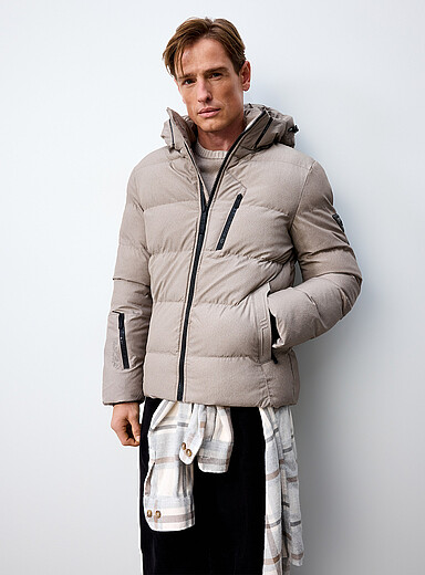 Point Zero: Le manteau matelass&eacute; toile chin&eacute;e &Eacute;cru &agrave; motifs pour homme
