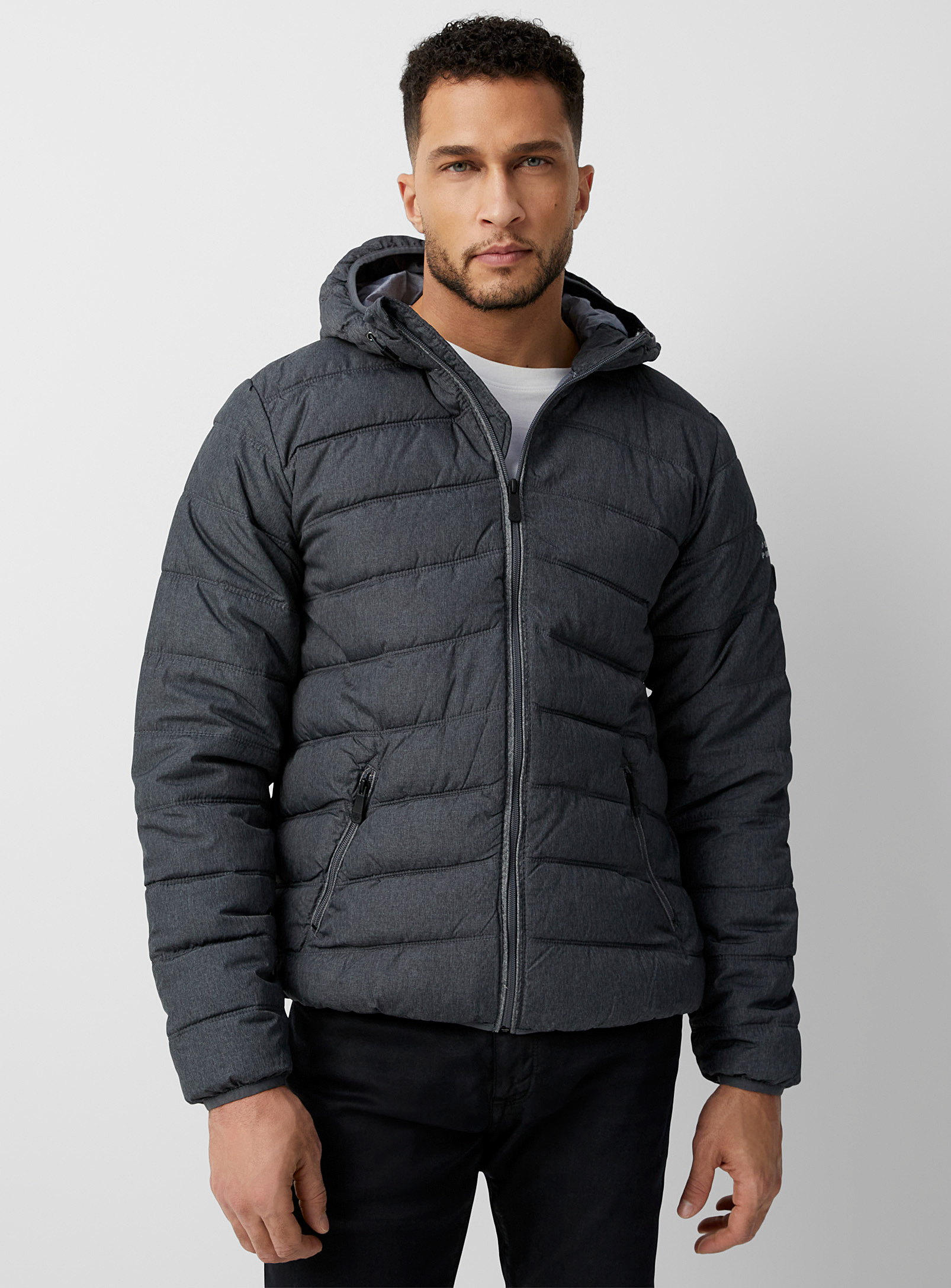 Point Zero Hooded Lightweight Puffer In Charcoal