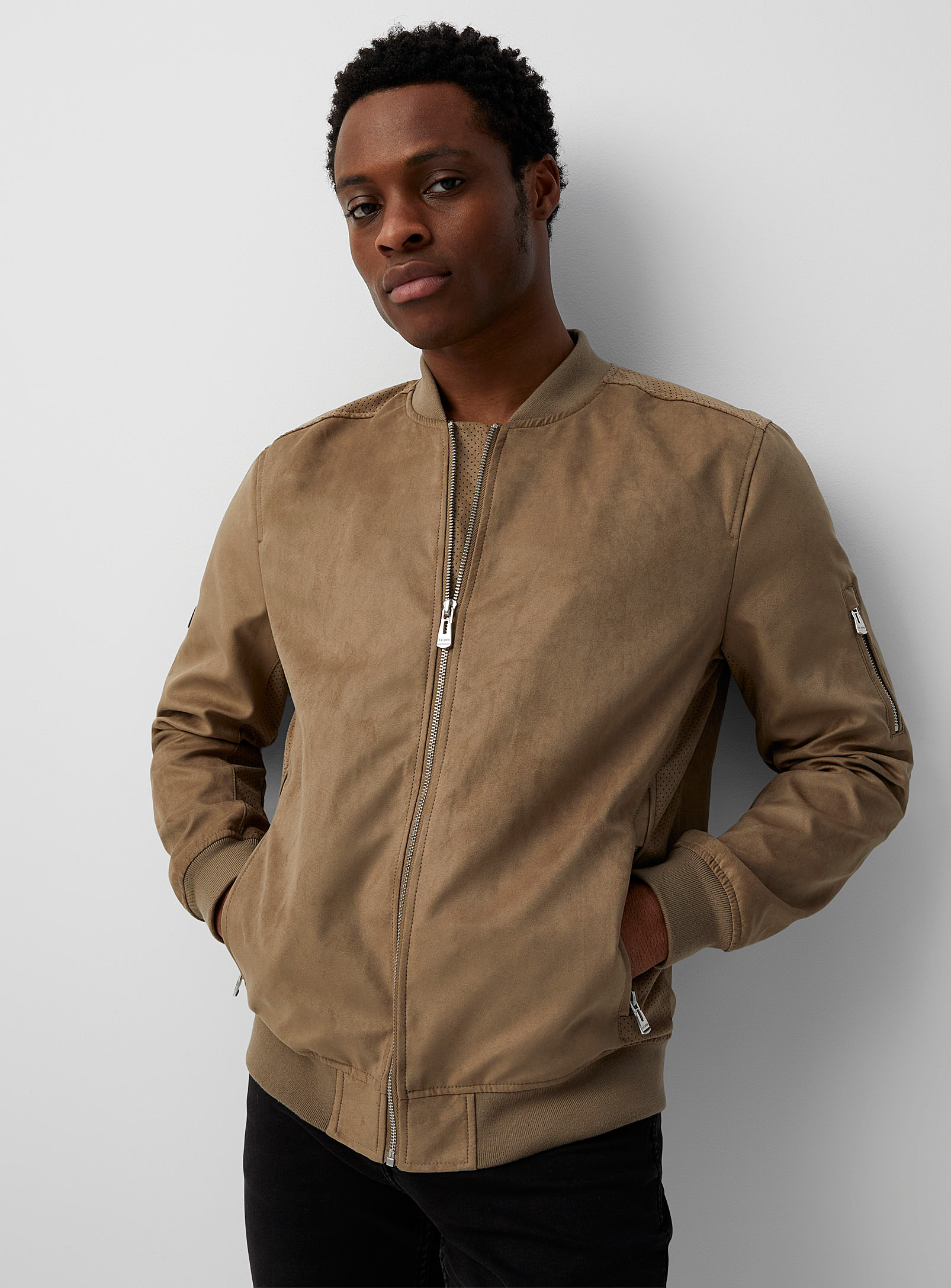 Point Zero Faux-suede Bomber Jacket In Sand