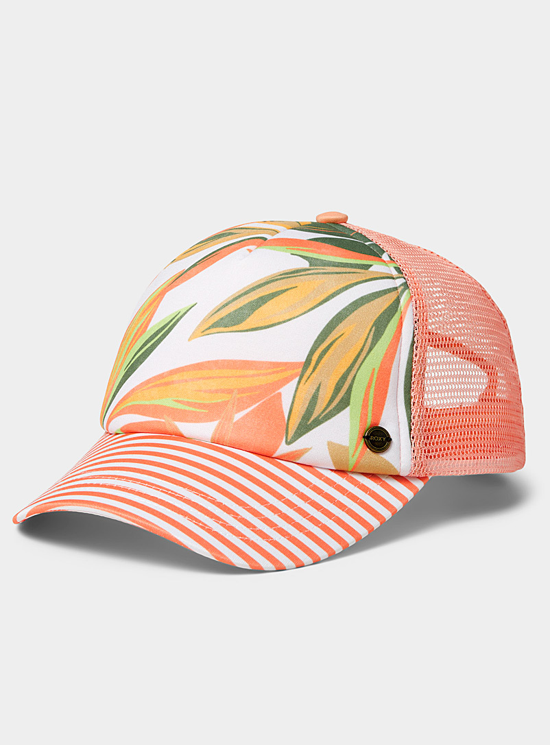 Roxy Pink Tropical stripe trucker cap for women