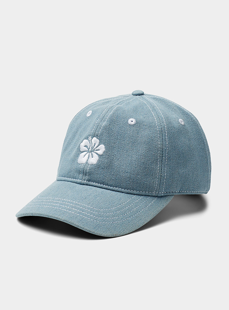 Roxy Baby Blue Embroidered hibiscus denim cap for women
