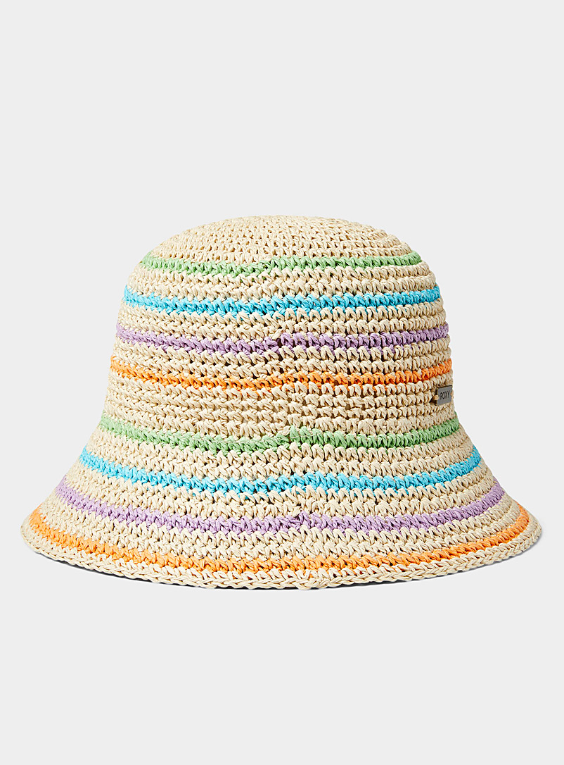 Roxy Cream Beige Colourful stripe straw cloche hat for women