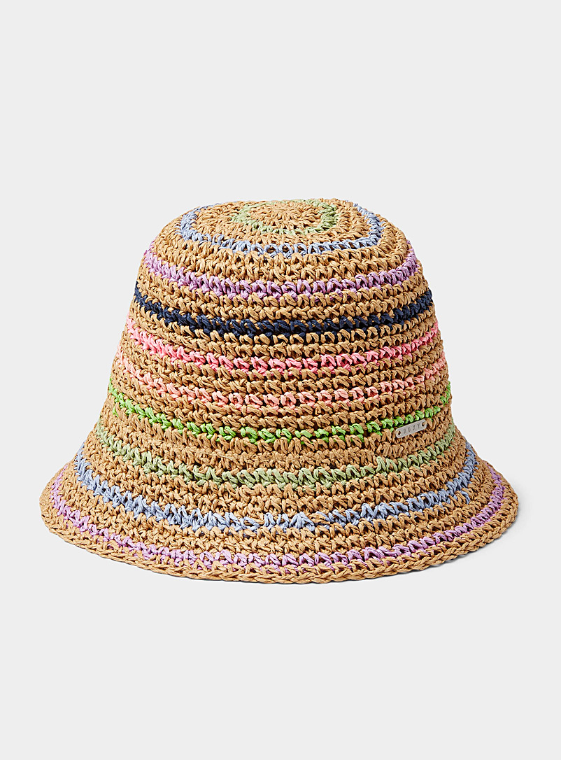 Roxy Cream Beige Colourful stripe braided straw cloche for women