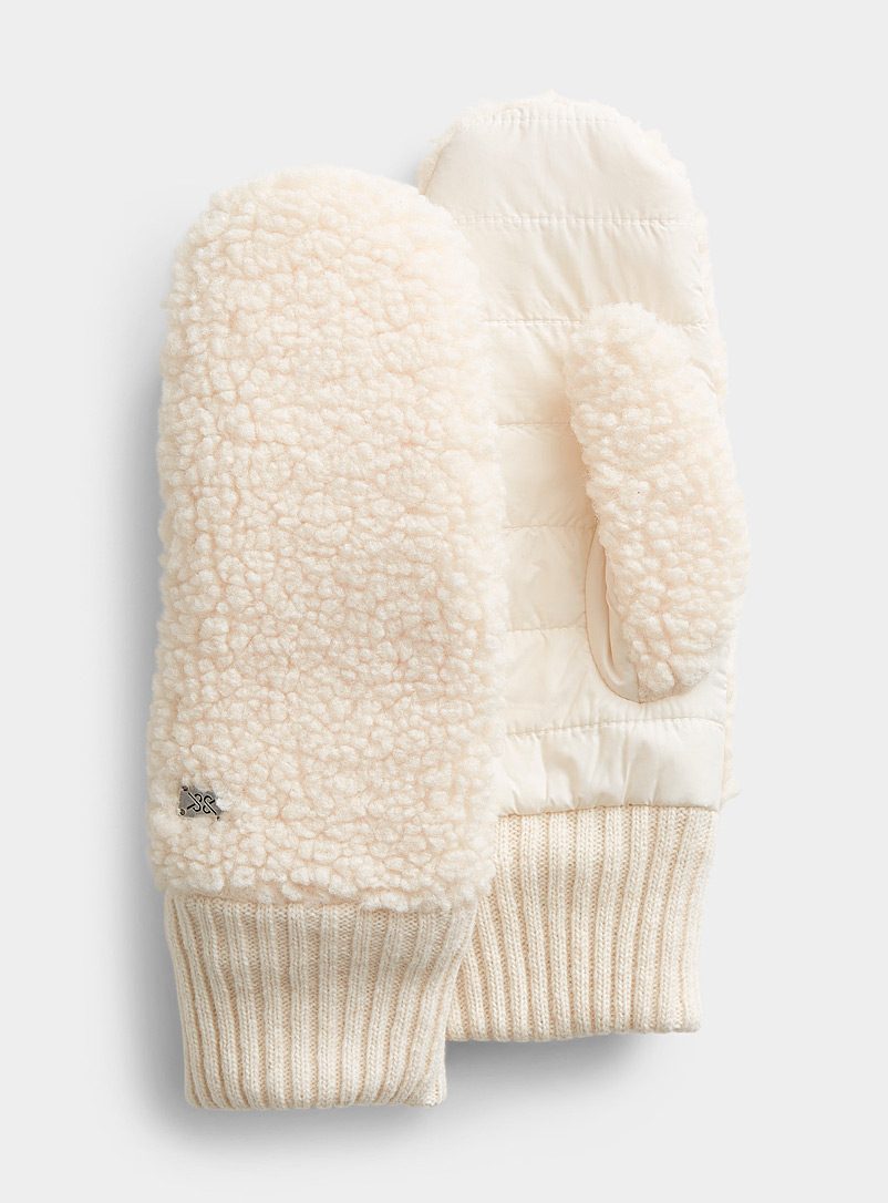 Soia & Kyo Ivory White Quilted palm sherpa mittens for women