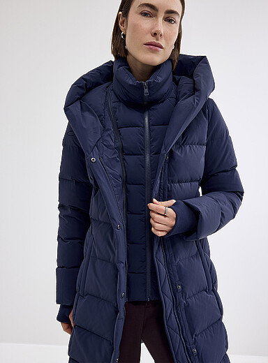 Soia & Kyo Navy/Midnight Blue Sonny cozy hood mid-length cinched puffer jacket for women