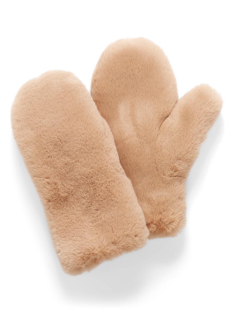 Simons Cream Beige Removable string faux-fur mittens for women