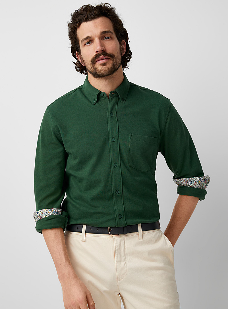 Le 31 Mossy Green Knit shirt Made with Liberty Fabric Modern fit for men