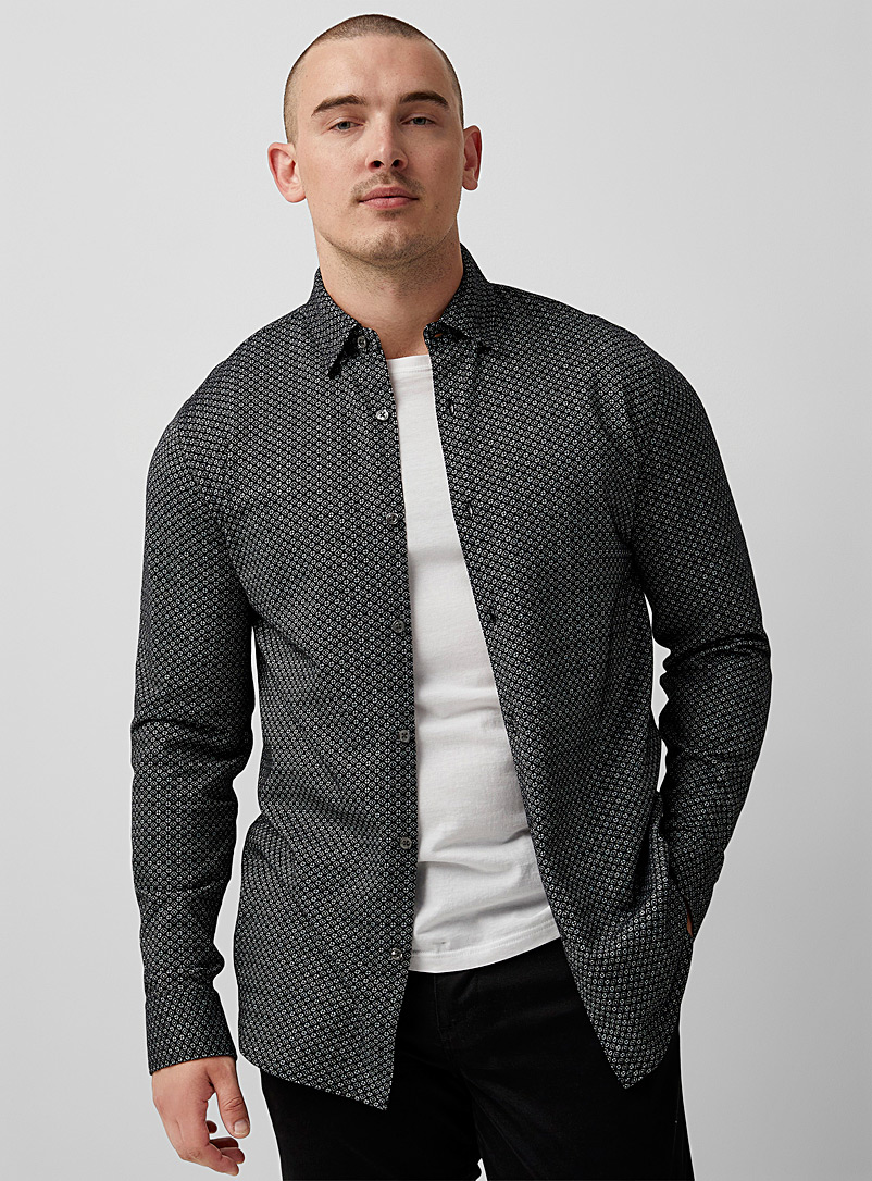 Le 31 Patterned Black Jacquard knit shirt Modern fit for men