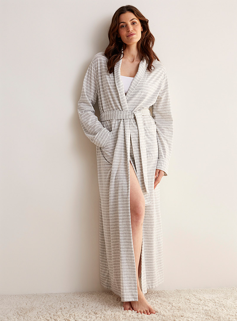 Miiyu Patterned Grey Textured stripes shawl collar bathrobe for women